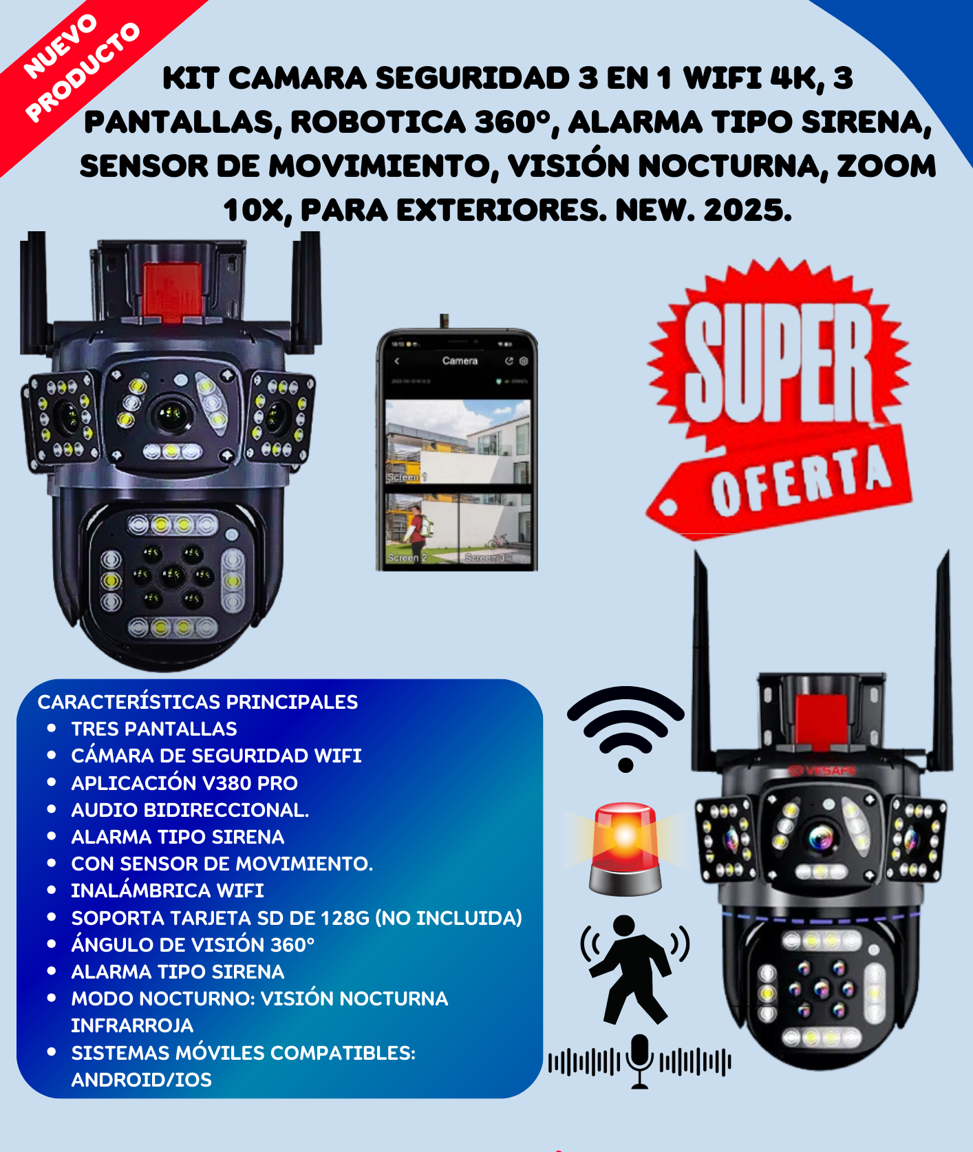 Camara de Seguridad 3 Pantallas y Sirena